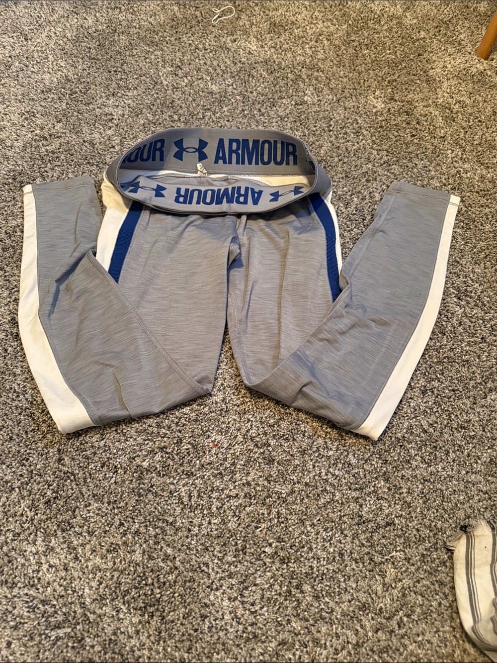 Under Armour Gray Leggings with Blue and White Side Stripes